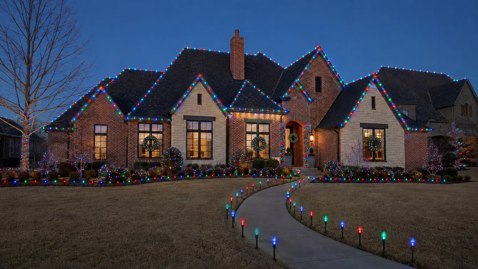 Warm Christmas display welcoming a family home