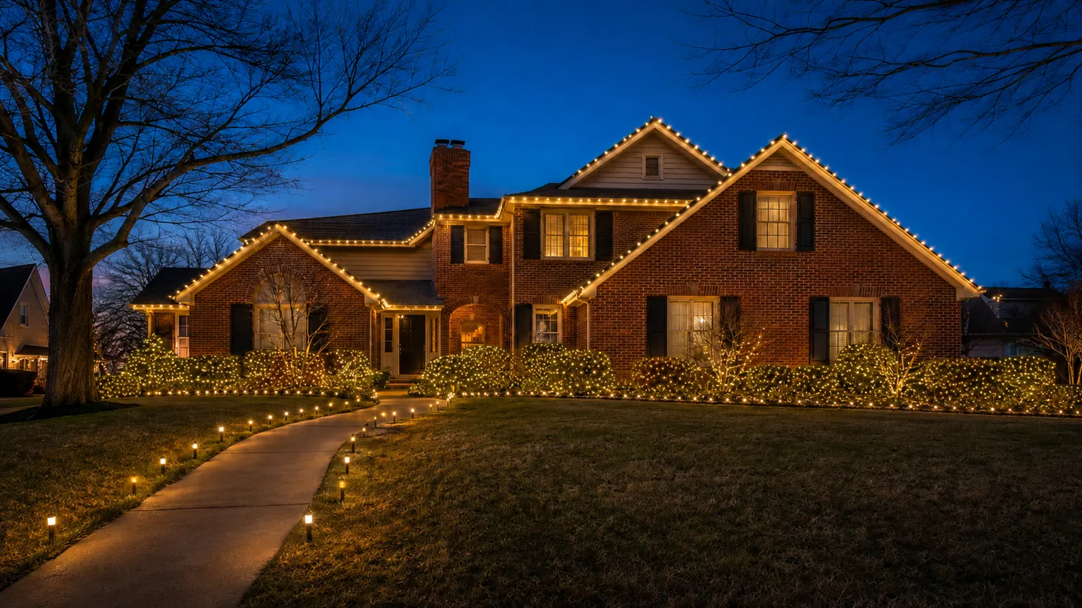 Christmas lights guiding the eye toward a welcoming home
